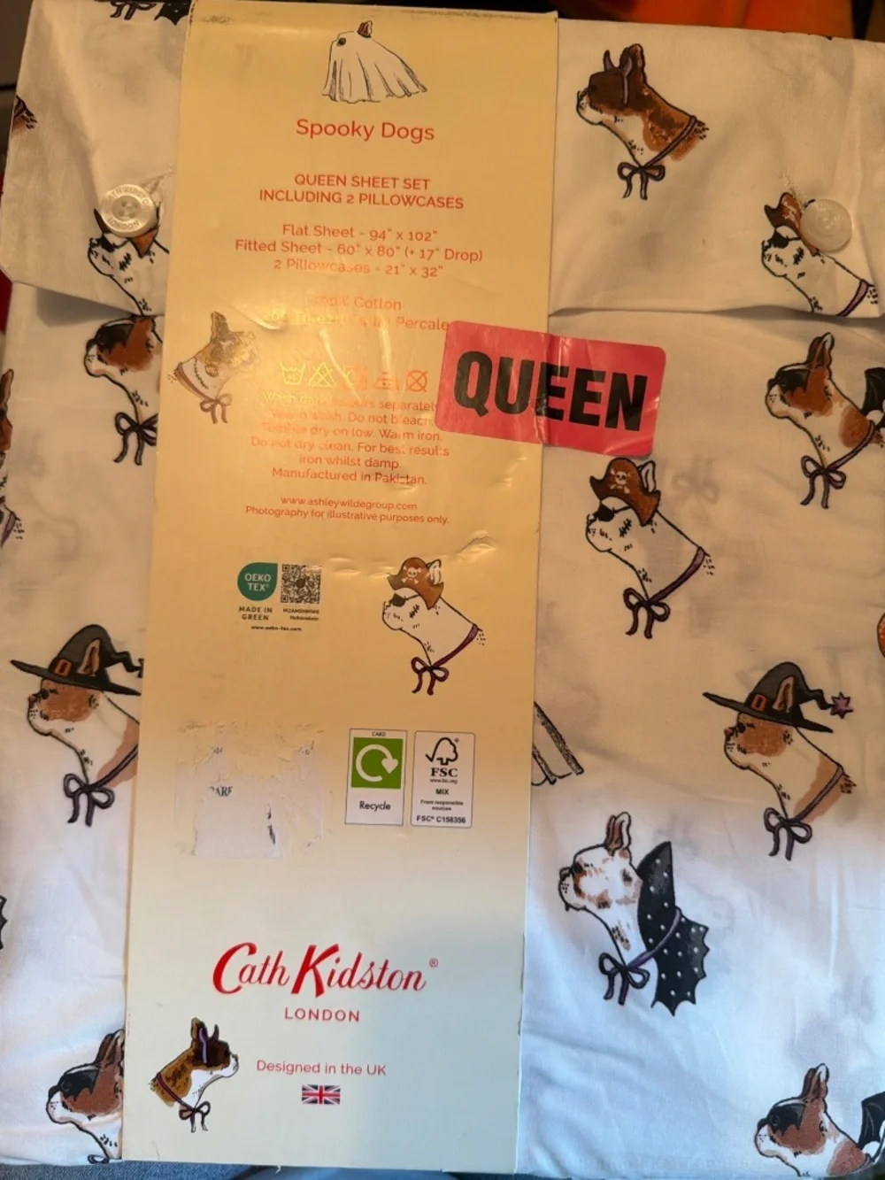 Cath Kidston London Spooky Dogs 4 Pc Queen Sheet Set Halloween 100% Cotton NEW